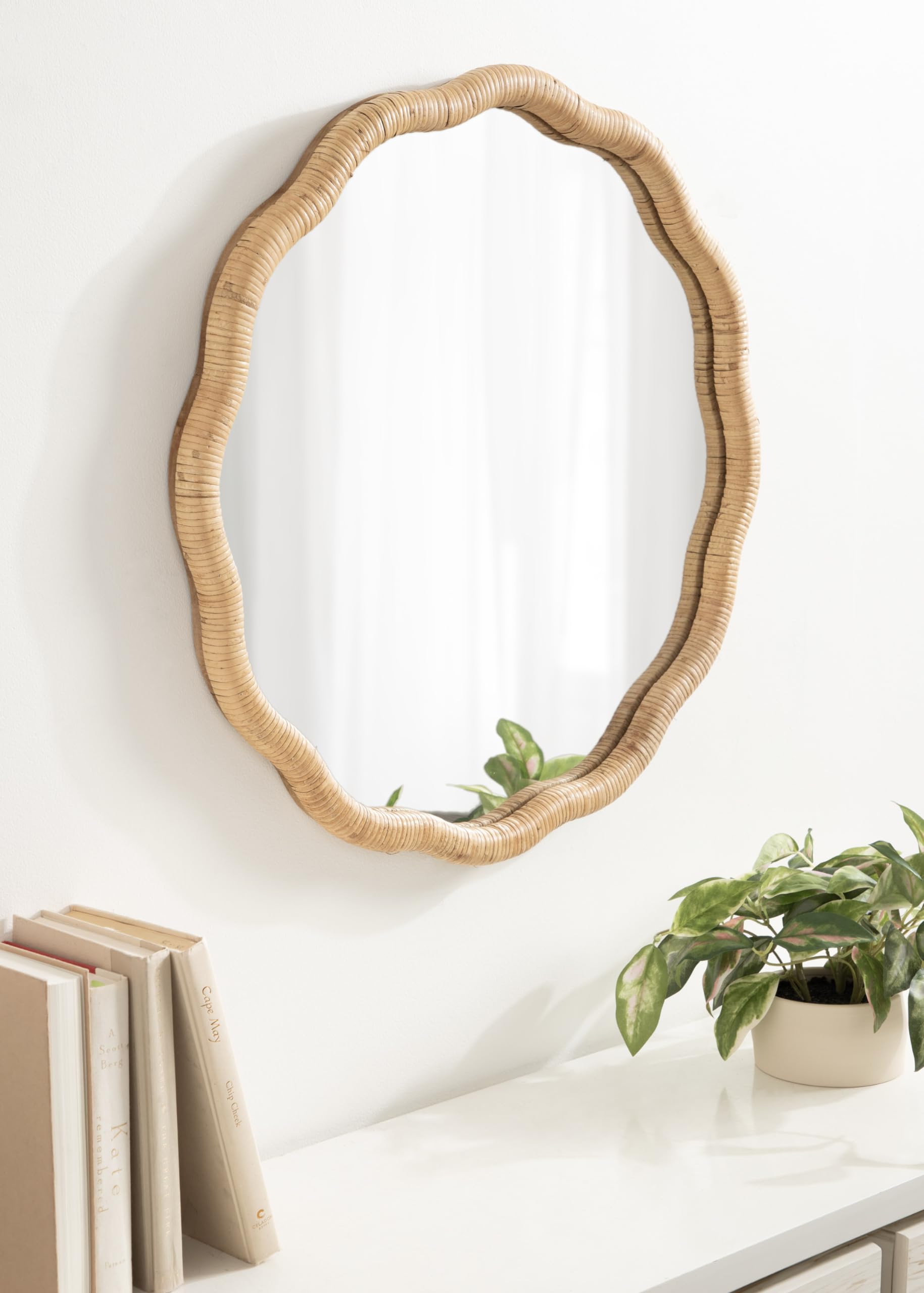 Rahfy Boho Scalloped Round Rattan Mirror, 26 Inch Diameter, Natural Wood