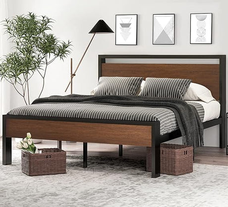 14 Inch Queen Size Metal Platform Bed Frame with Wooden Headboard and Footboard,