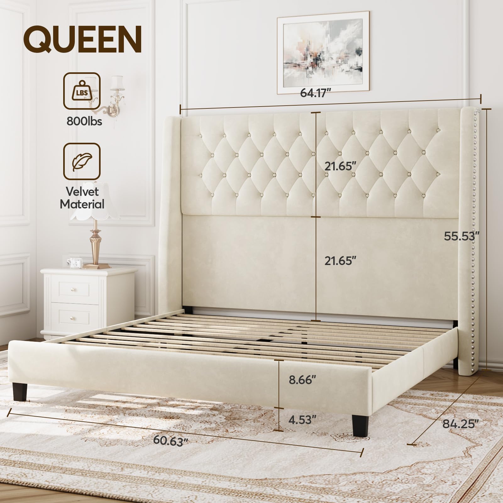 Queen Upholstered Bed Frame with 55" Tufted Headboard - Platform Bed, No Box Spring Needed