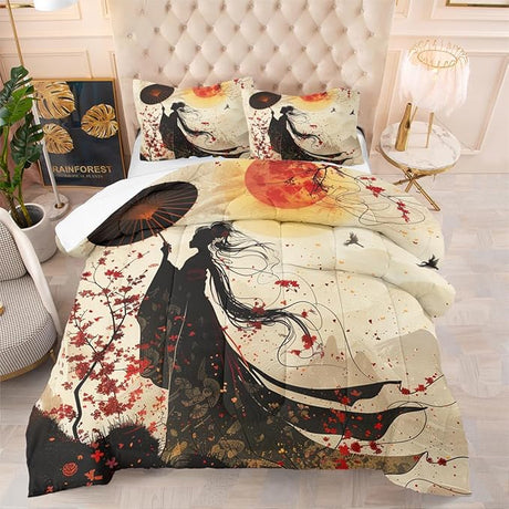 Pink Floral Butterfly Comforter Bedding Set King Size Japanese Cherry Blossom Bed Sets