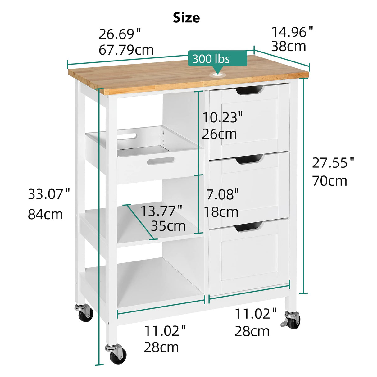 Small Solid Wood Top Kitchen Island Cart on Wheels with Storage