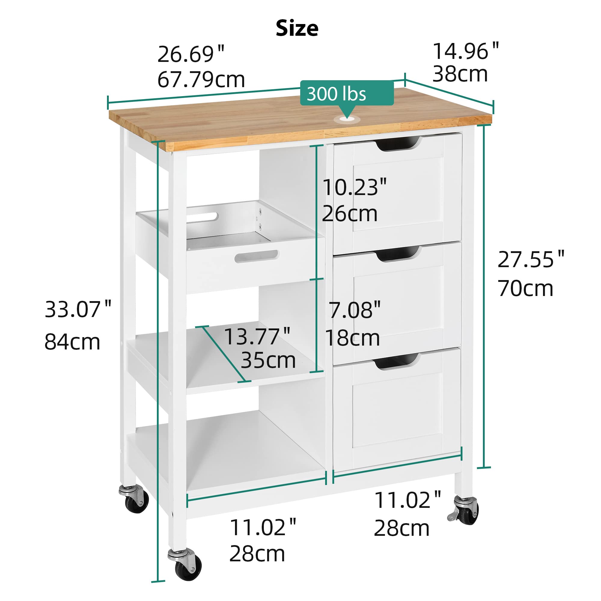 Small Solid Wood Top Kitchen Island Cart on Wheels with Storage