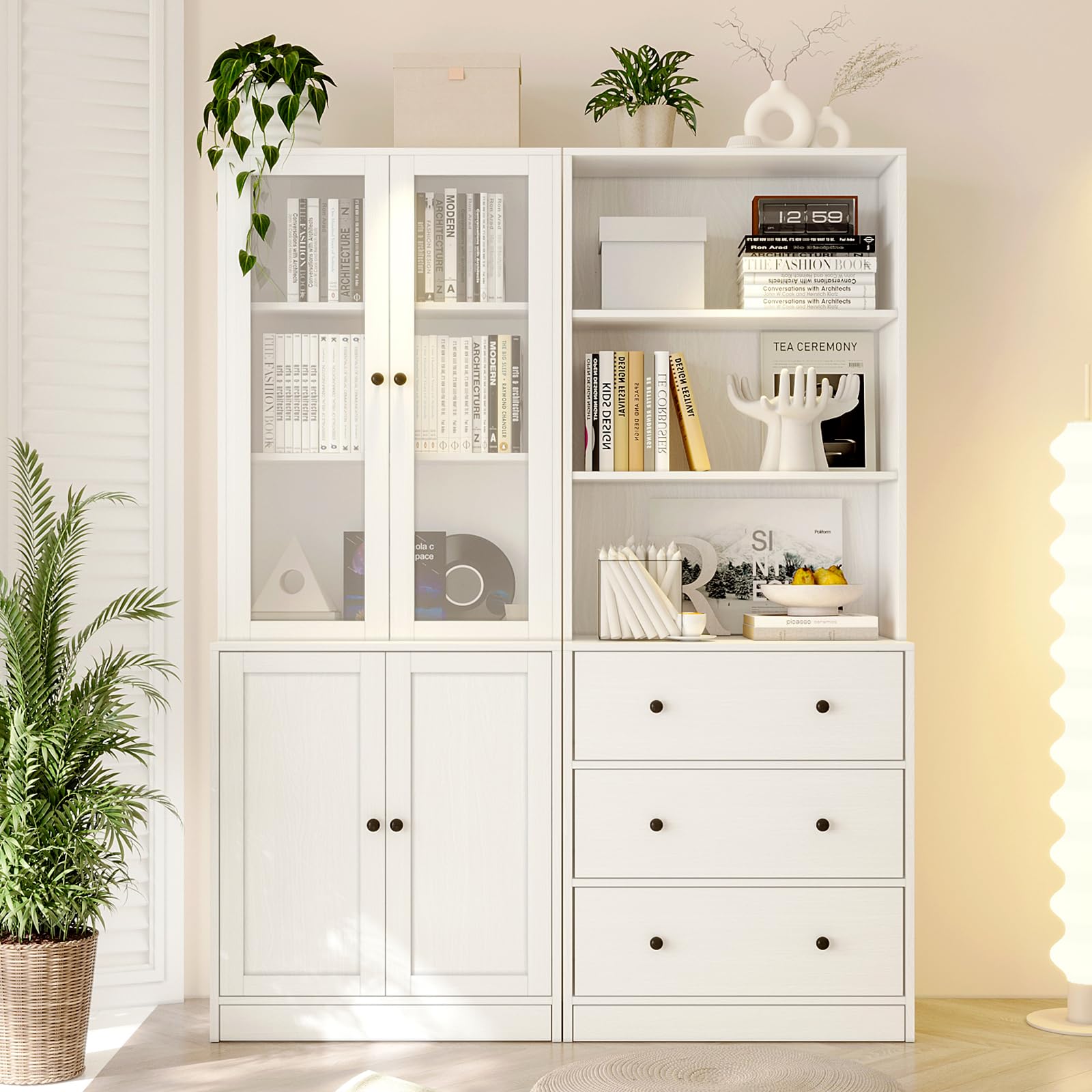Bookshelf Bookcase, 3-Tier Modern Bookshelves 3 Large Drawer, Wood Filing Cabinet with Open Storage Shelf, Glass Doors 5-Tier Fixed Storage Shelves for Home Office