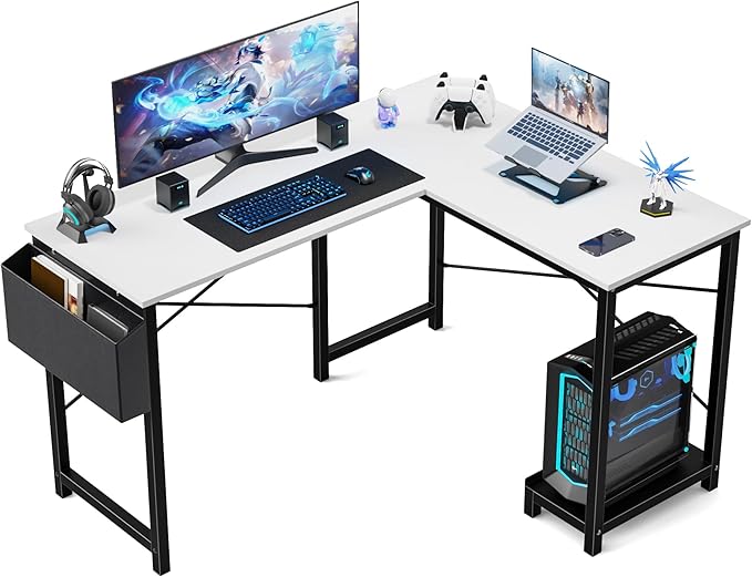 L Shaped Computer Desk Wood Corner PC Gaming Table with Side Storage Bag for Home