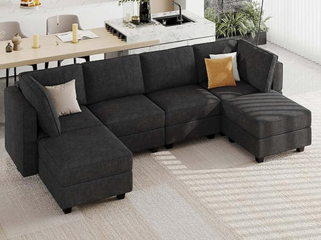 Shaped Sofa Modular Couch Reversible Storage Ottoman 6 Seater Sofa Large Couches U Shape Couch Grey