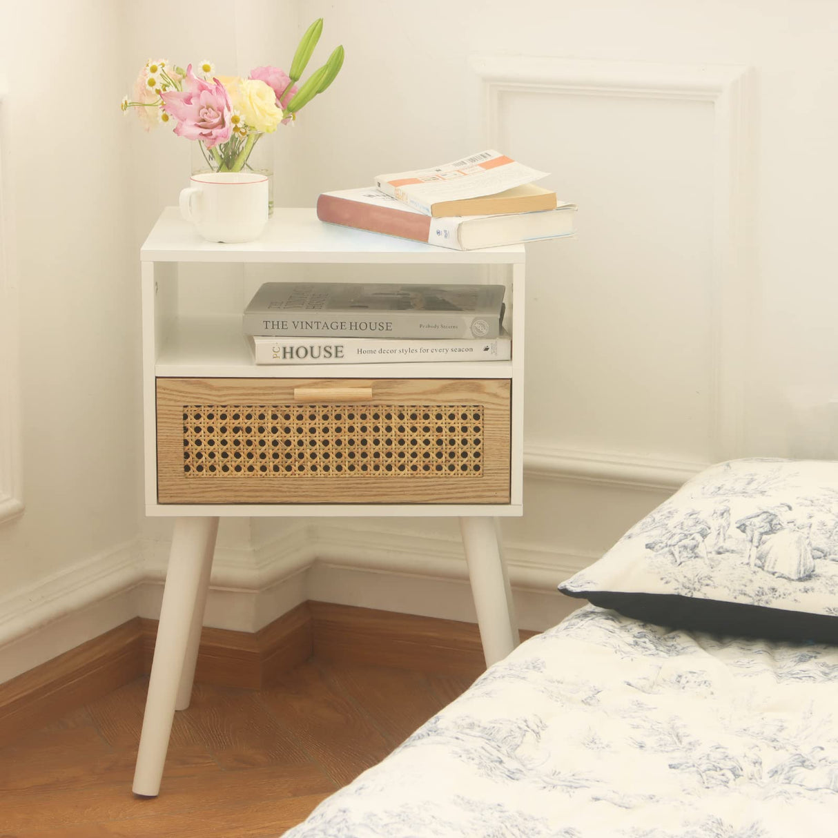 White Nightstand with Drawer, Mid Century Modern Nightstand, Rattan Side Table