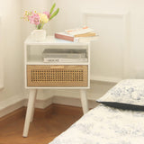 White Nightstand with Drawer, Mid Century Modern Nightstand, Rattan Side Table