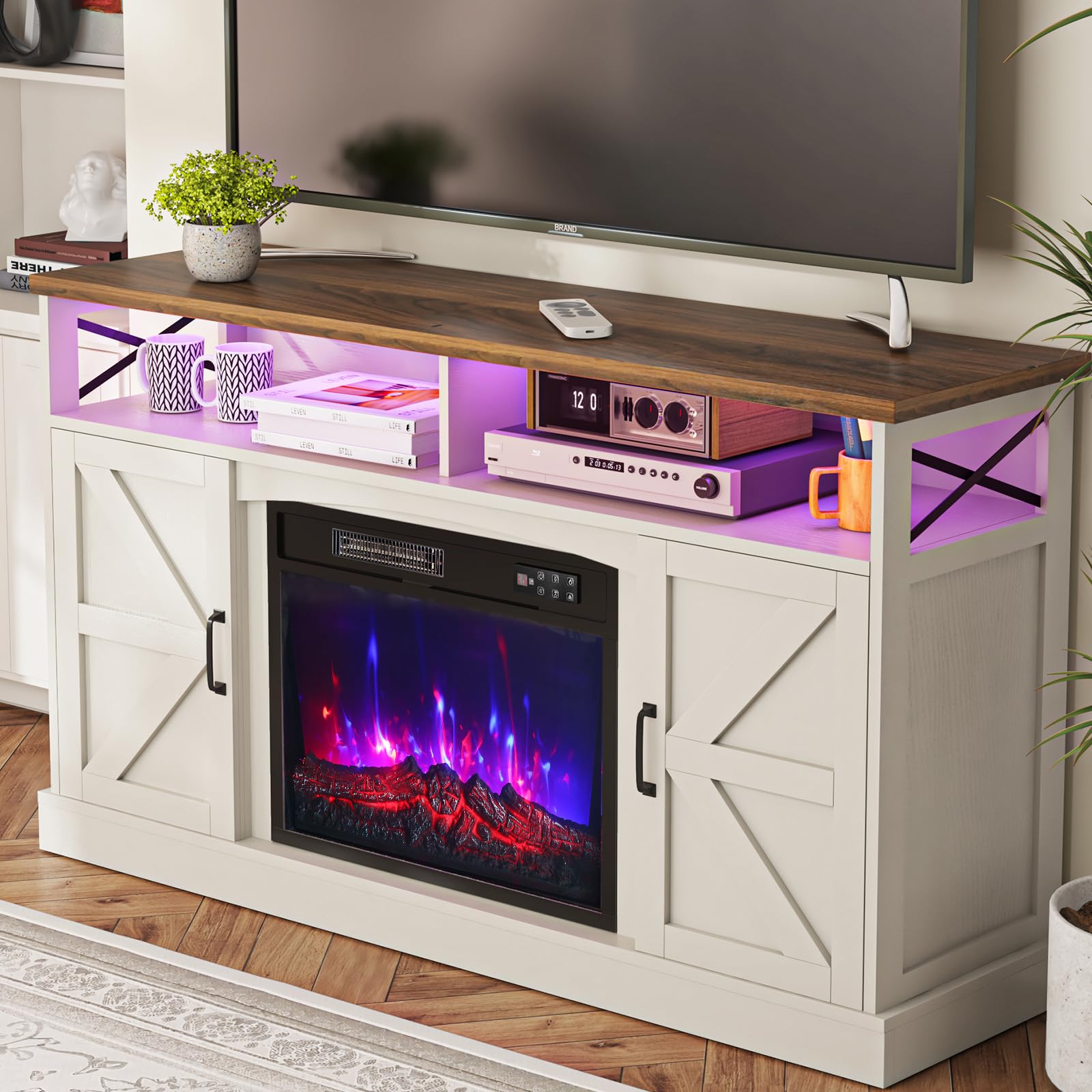 59-Inch TV Stand with Electric Fireplace and LED Lights