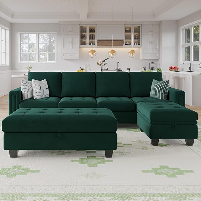 Velvet Convertible 4-Seat Sectional Sofa with Reversible Chaise L Shaped Sofa