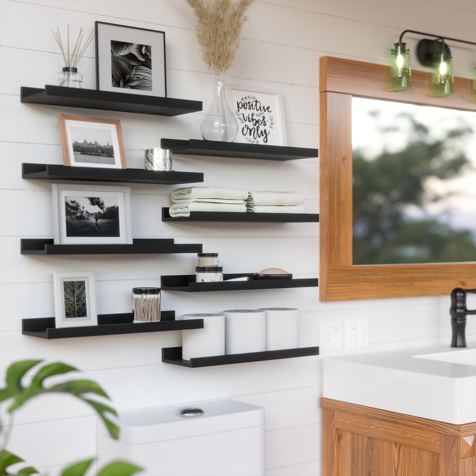 Floating Wall Mounted Shelves, 8pc Set with Lip - Black Nursery Book Shelves for Bedroom