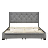 Queen Upholstered Bed with Storage Drawers, Wingback Platform Bed Frame