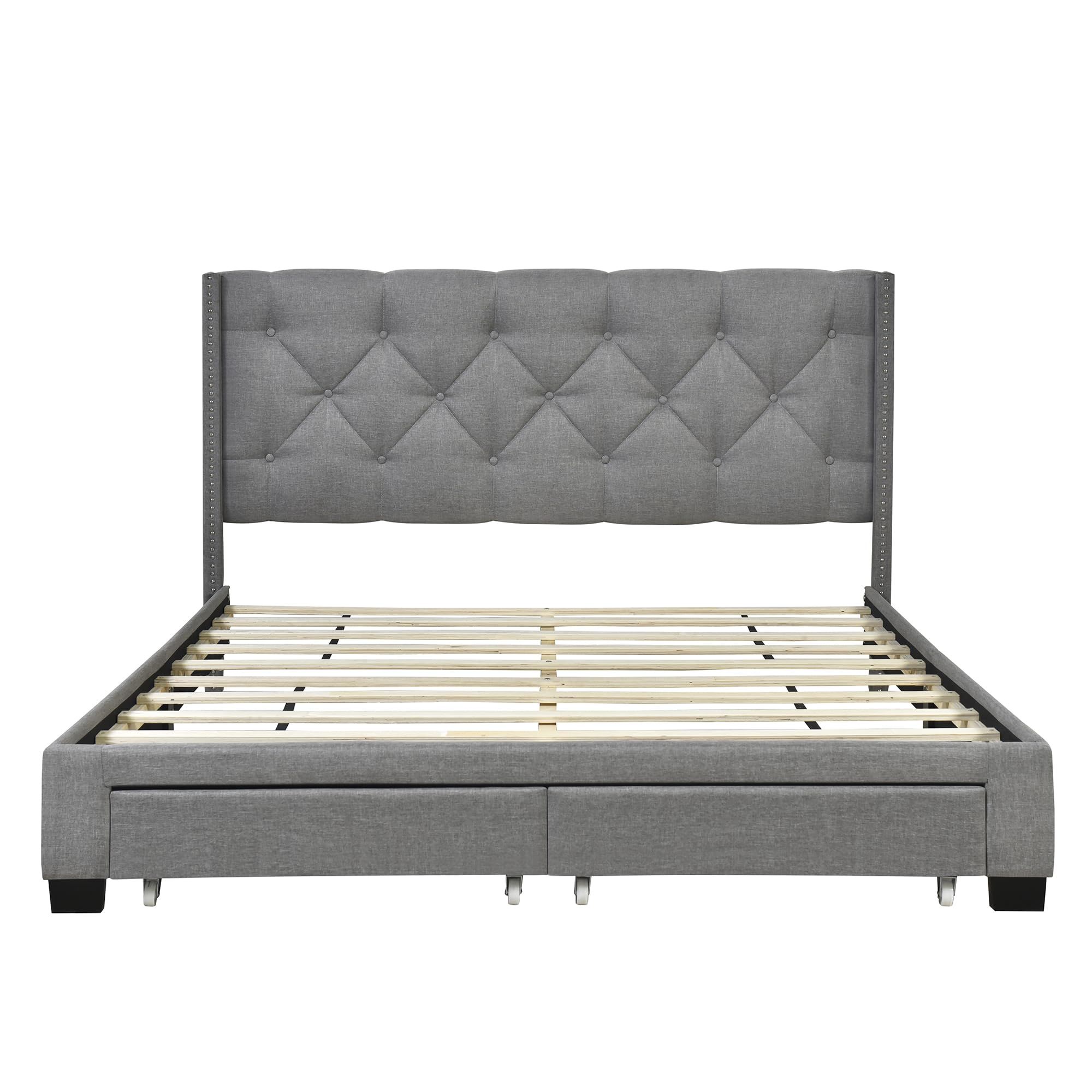 Queen Upholstered Bed with Storage Drawers, Wingback Platform Bed Frame
