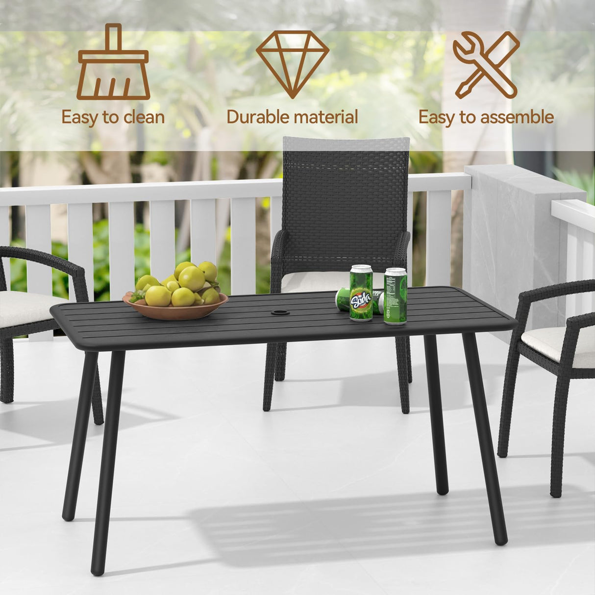 Rectangle Metal Outdoor Dining Table with Umbrella Hole for Outside Patio, Black