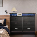 Black Dresser with LED Light for Bedroom 6 Drawer Dresser with Charging