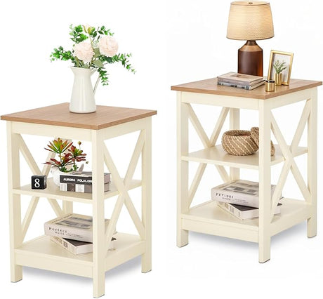 End Tables Living Room Set of 2, Farmhouse Small Side Table 3-Tier Modern Bed Side