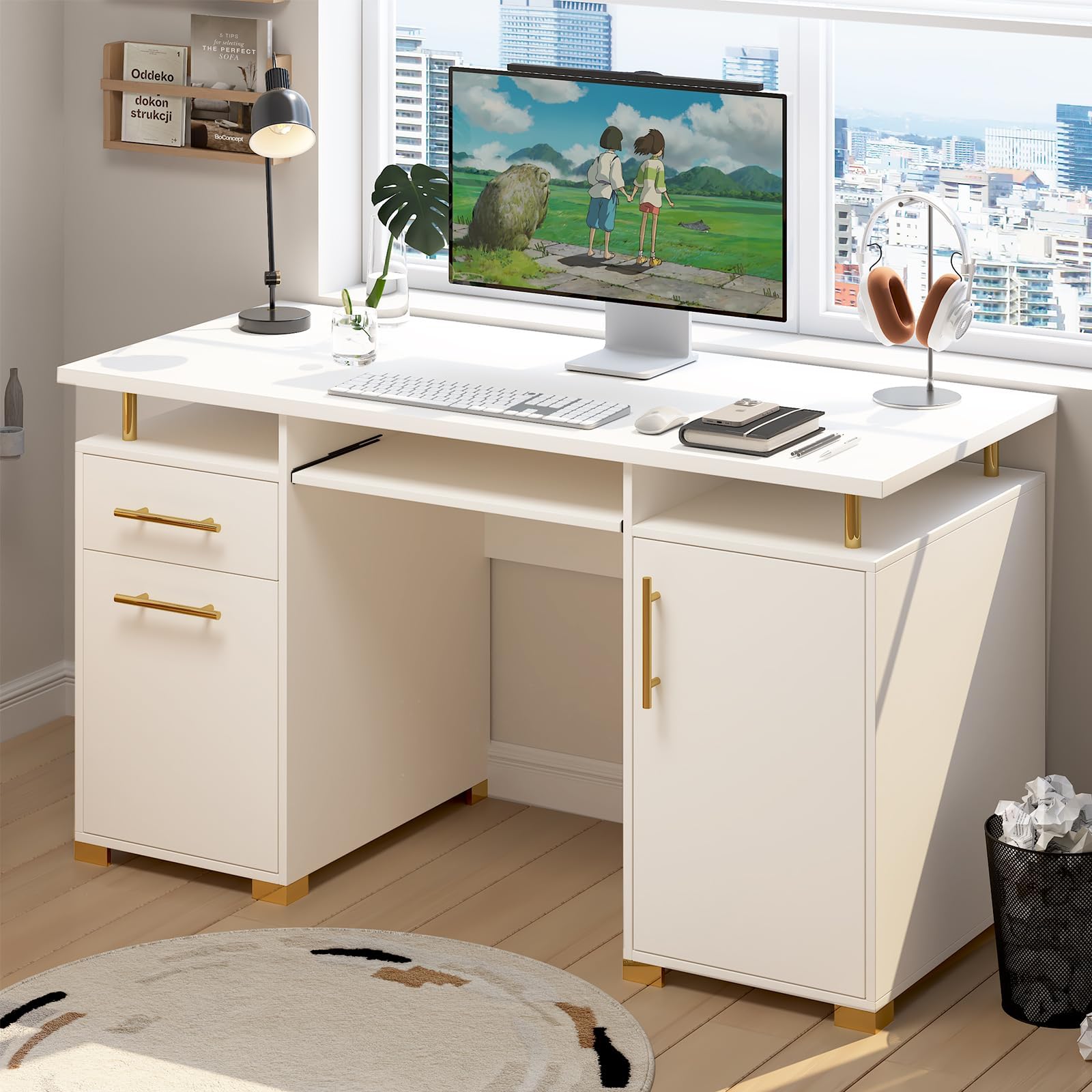 White and Gold Computer Desk with Drawers, 55 Inch White Executive Desk