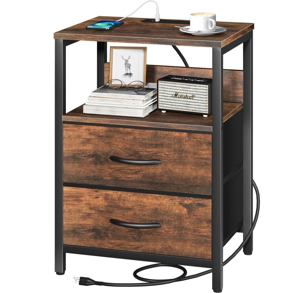 Nightstand with Charging Station, Small Night Stand with Fabric Drawers