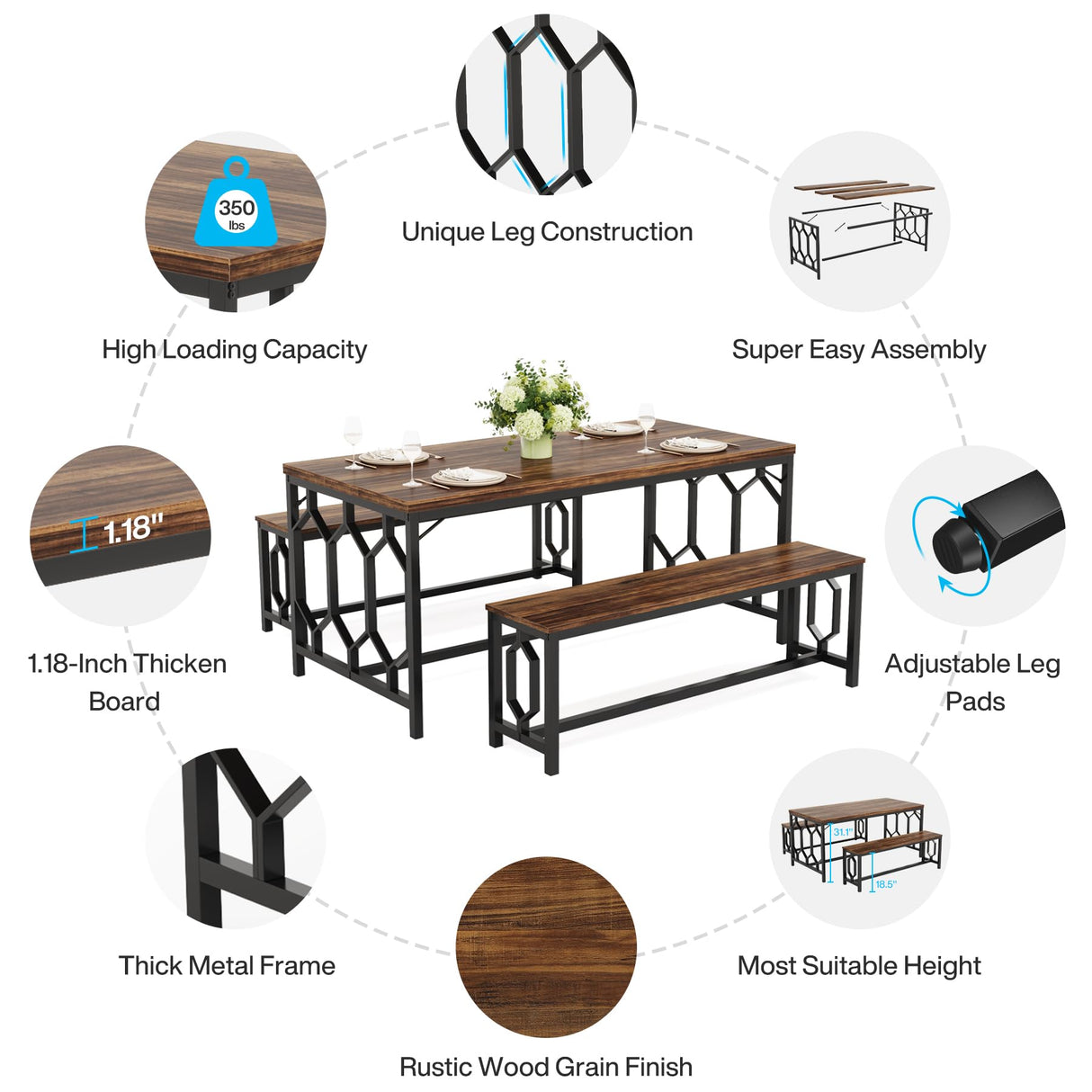 Tribesigns 55-Inch Large Dining Table Set for 4 to 6, Kitchen Breakfast Table with 2 Benches, Rectangular 3-Piece Wood Modern Industrial Bar Table Furniture for Dining Room, Rustic Brown & Black