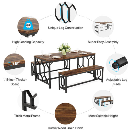 Tribesigns 55-Inch Large Dining Table Set for 4 to 6, Kitchen Breakfast Table with 2 Benches, Rectangular 3-Piece Wood Modern Industrial Bar Table Furniture for Dining Room, Rustic Brown & Black