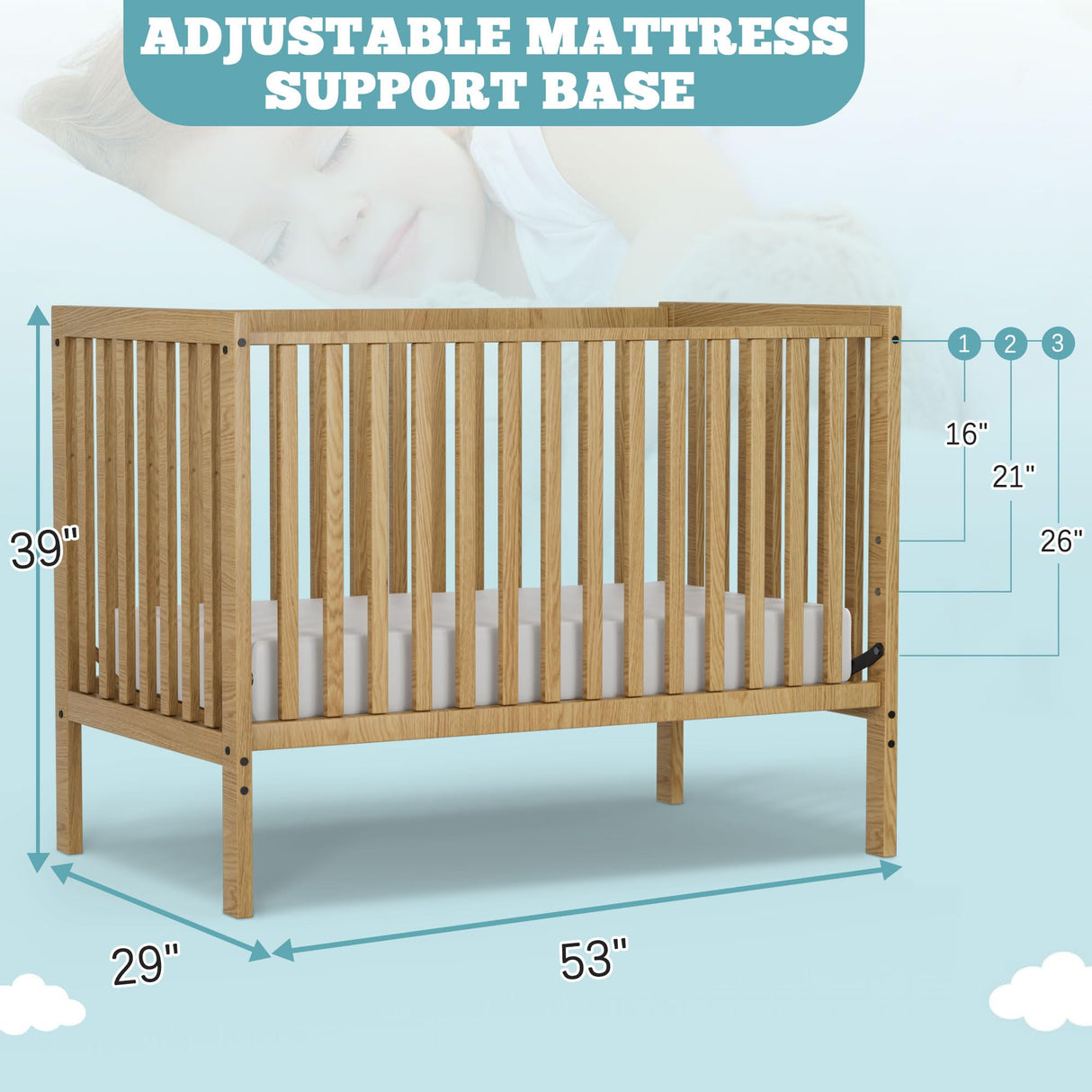 Baby Crib, 5-in-1 Full Size Convertible Toddler Bed with Sustainable Natural Pinewood for Small Baby