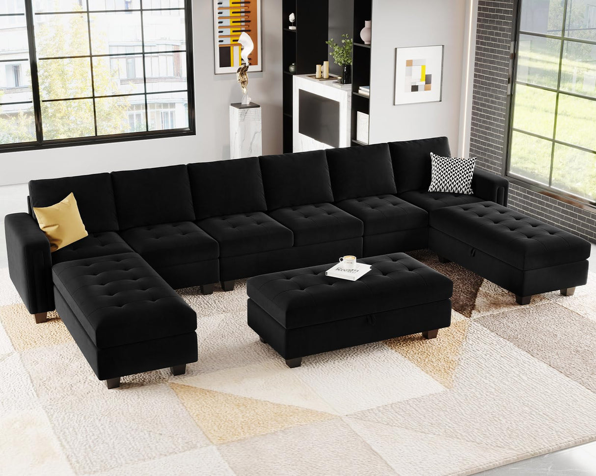 Velvet U Shaped Modular Sectional Sofa Set with Storage Ottoman, 8 Seater, Black