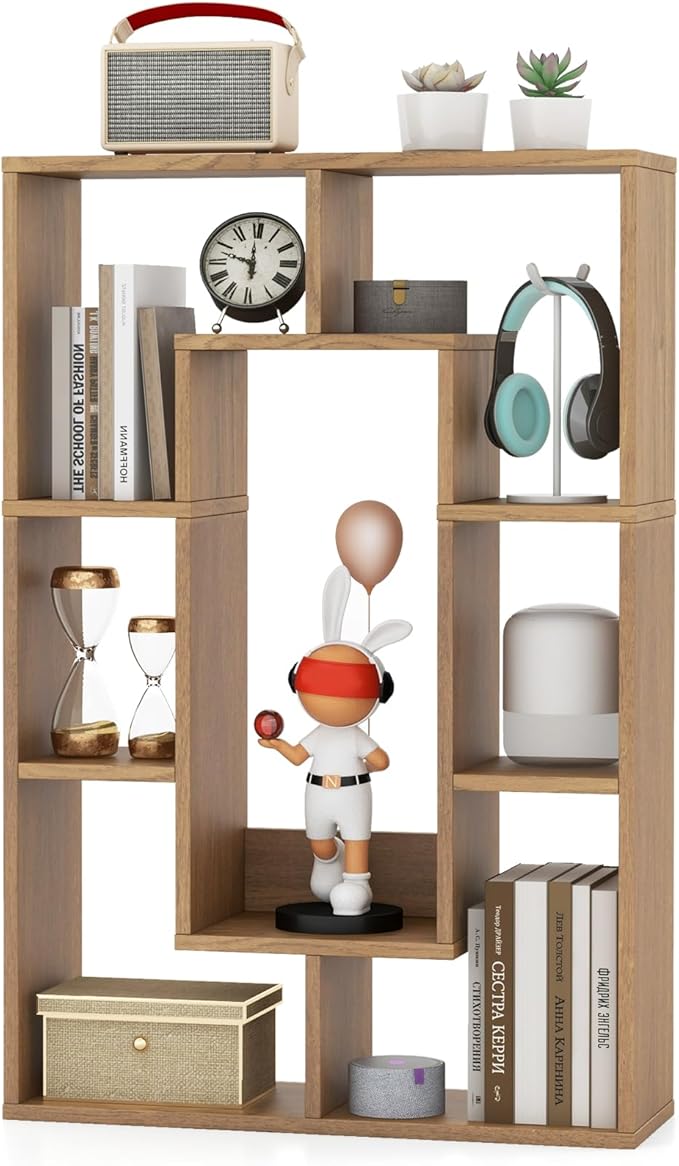 35.5” Geometric Bookshelf, Freestanding Wood Open Bookcase with 7 Cubes, Anti-Toppling Devices, Home Office Décor Rectangular Storage Shelf Display Rack for Study Living Room (1, Natural)