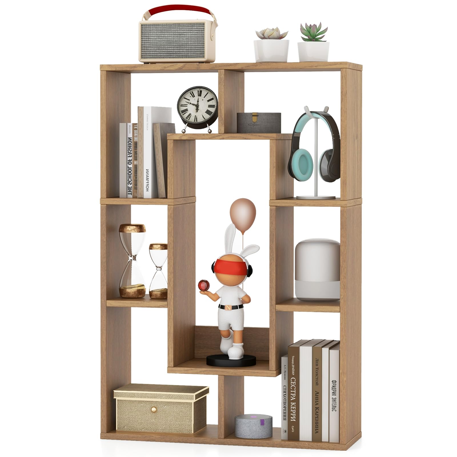 35.5” Geometric Bookshelf, Freestanding Wood Open Bookcase with 7 Cubes, Anti-Toppling Devices, Home Office Décor Rectangular Storage Shelf Display Rack for Study Living Room (1, Natural)