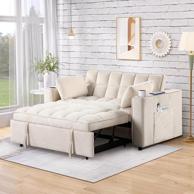 Pull Out Sleeper Sofa, Convertible Futon Sofa Bed with USB Port, Modern Pullout Couch