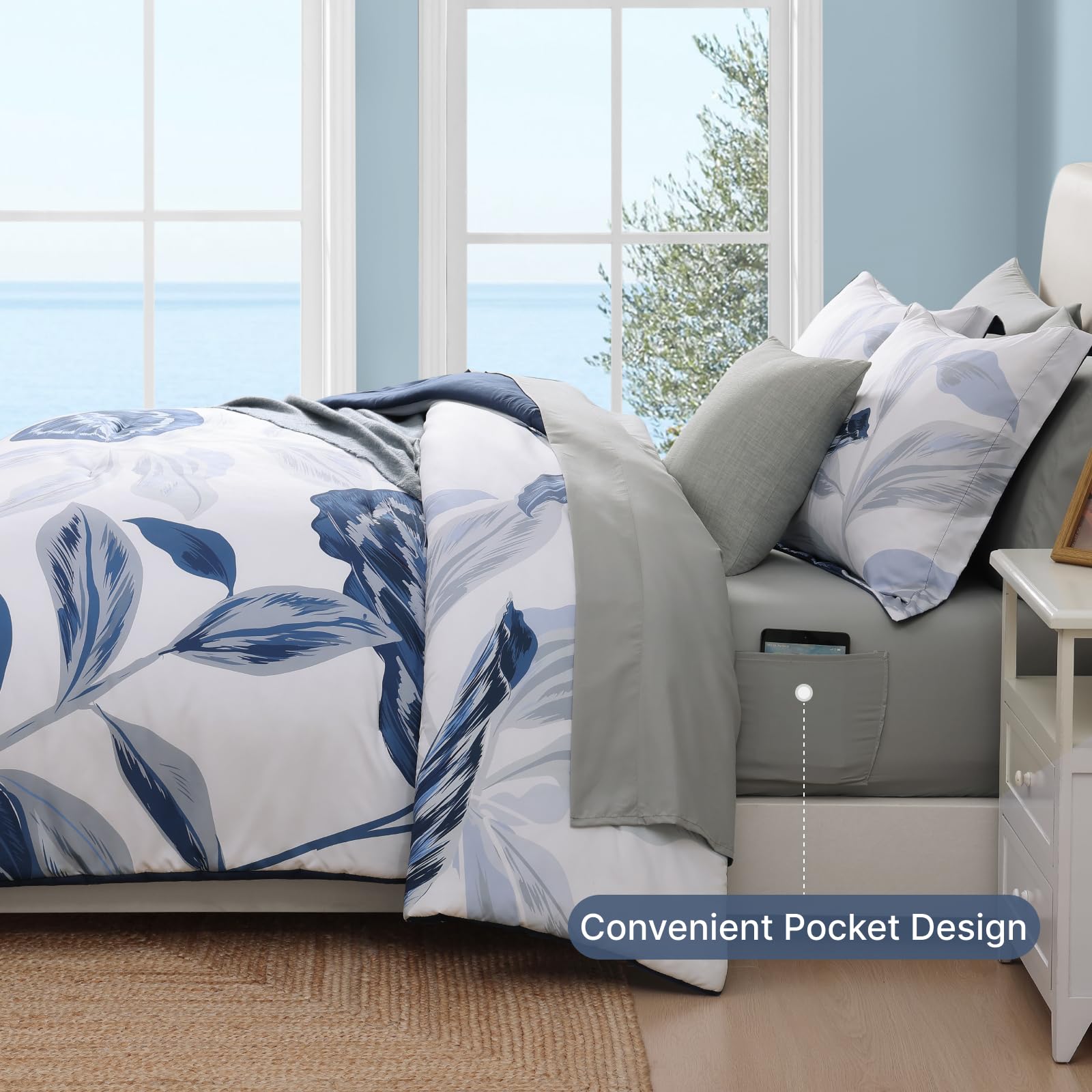 Queen Comforter Set - 7 Piece Blue Tropical Leaves Bedding Collection