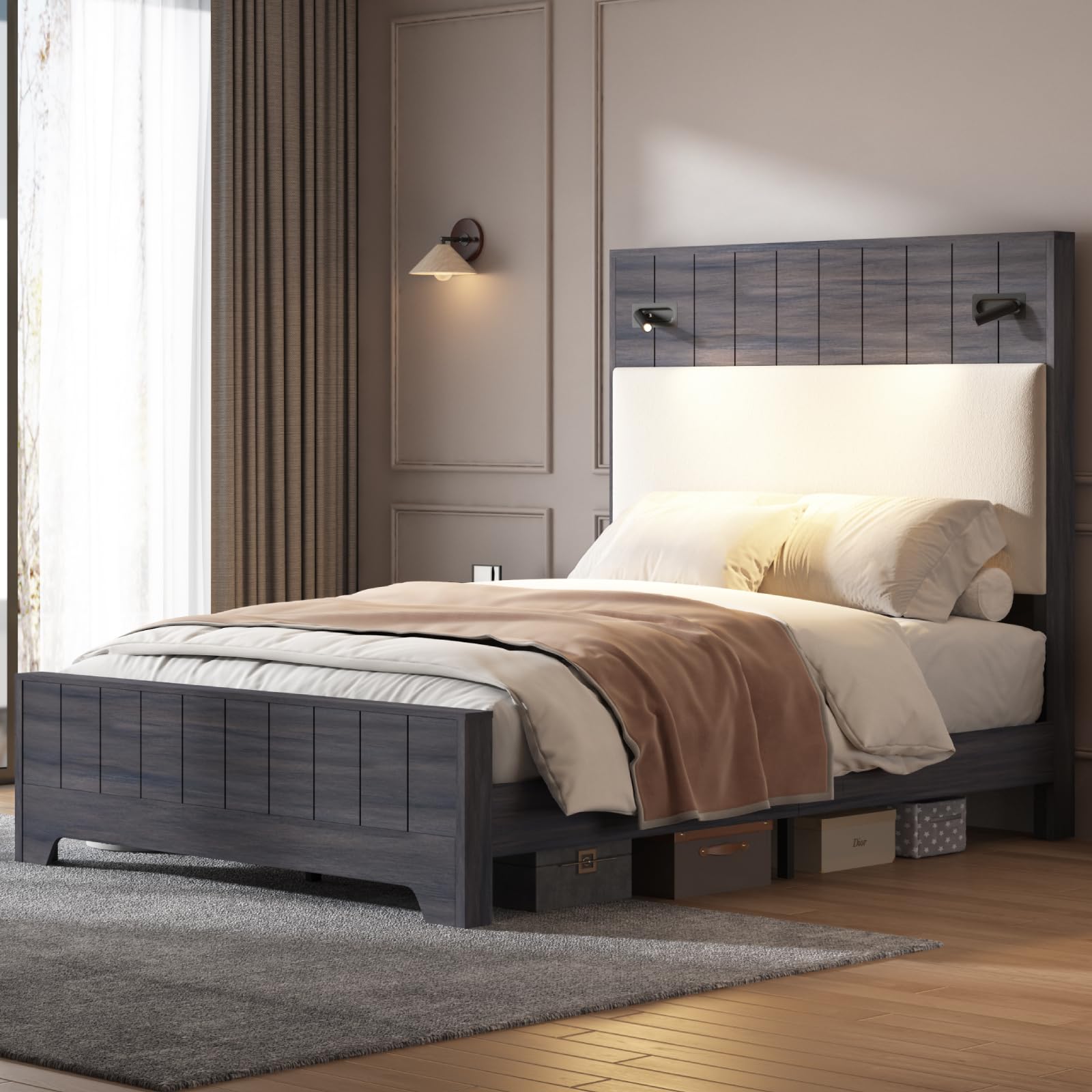 Queen Size Bed Frame with 57" Tall Headboard, Modern Platform Bed Frame