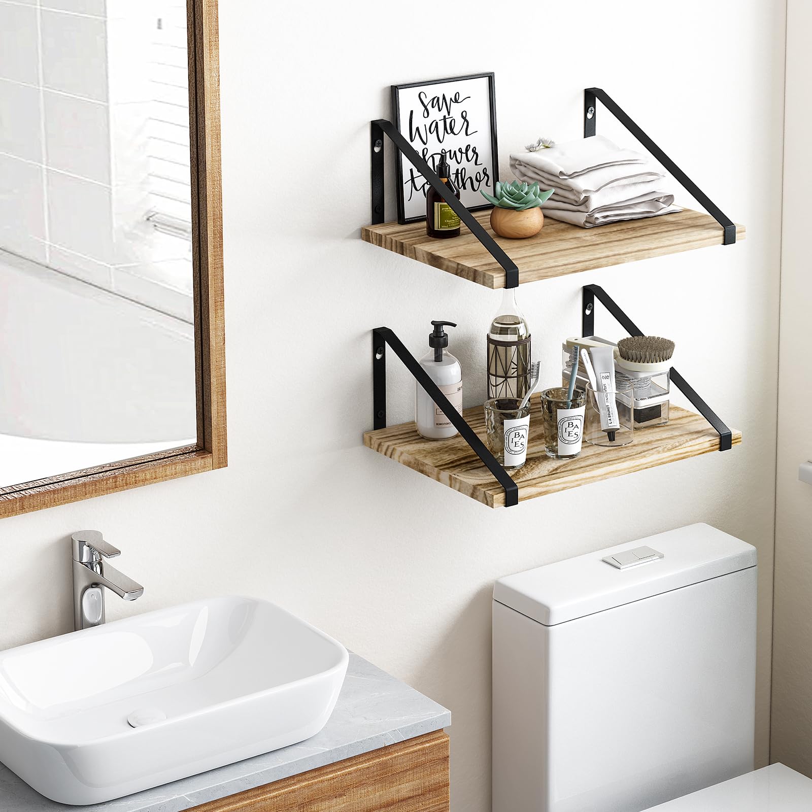 12 Inch Deep Floating Shelves, Rustic Wood Large Wall Mounted Shelves for Decor