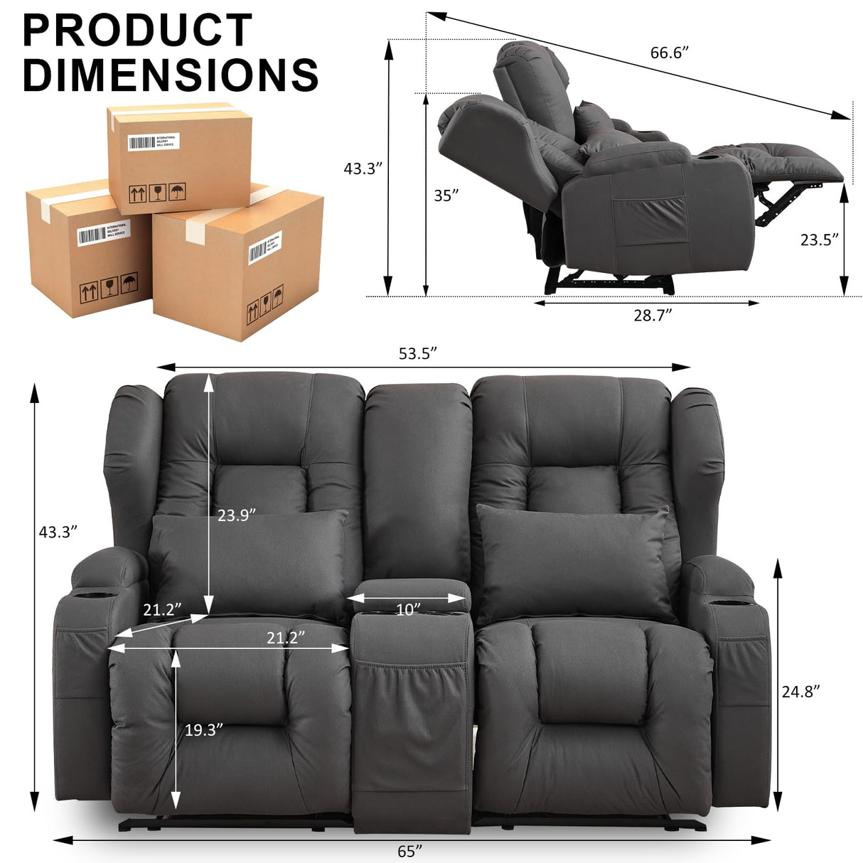 65" Loveseat Recliner RV Sofa - Double Manual Recliner Sofa with Console Litchi leather