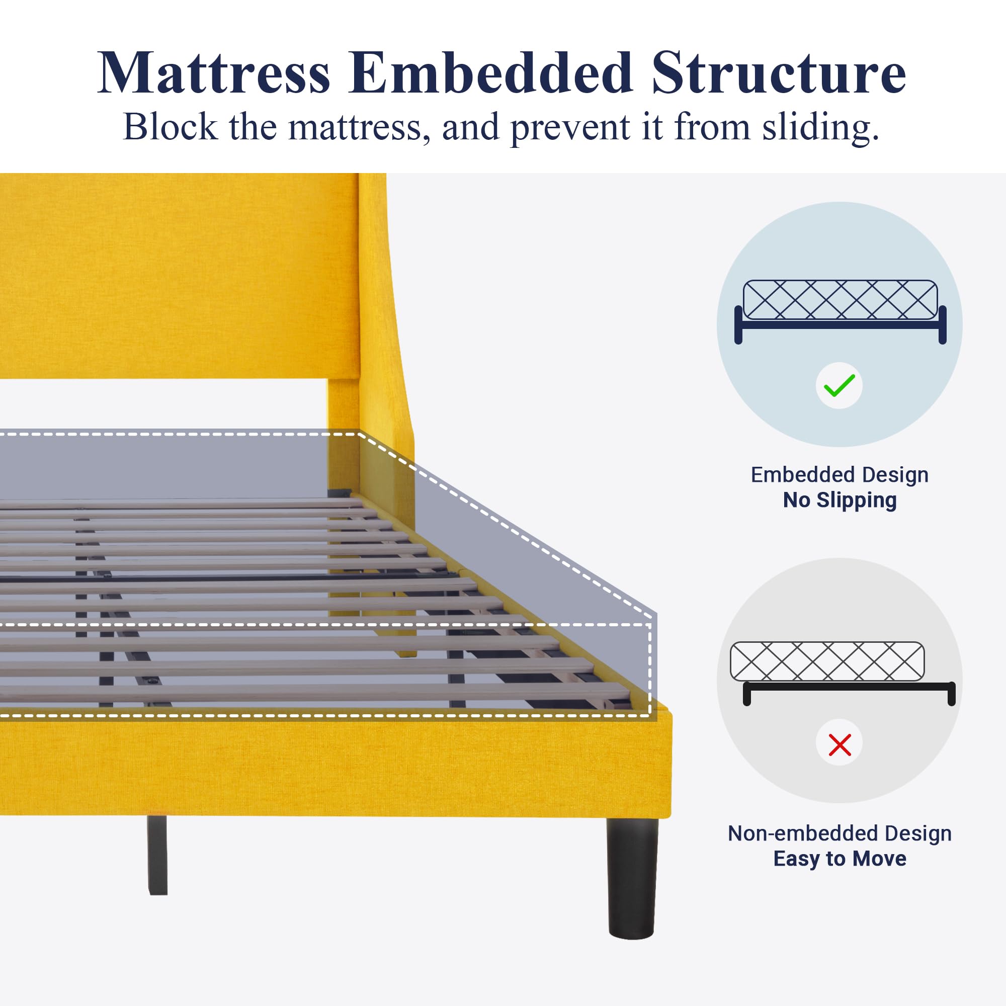 King Size Bed Frame, Platform Bed Frame with Upholstered Headboard, Modern Deluxe Winback,