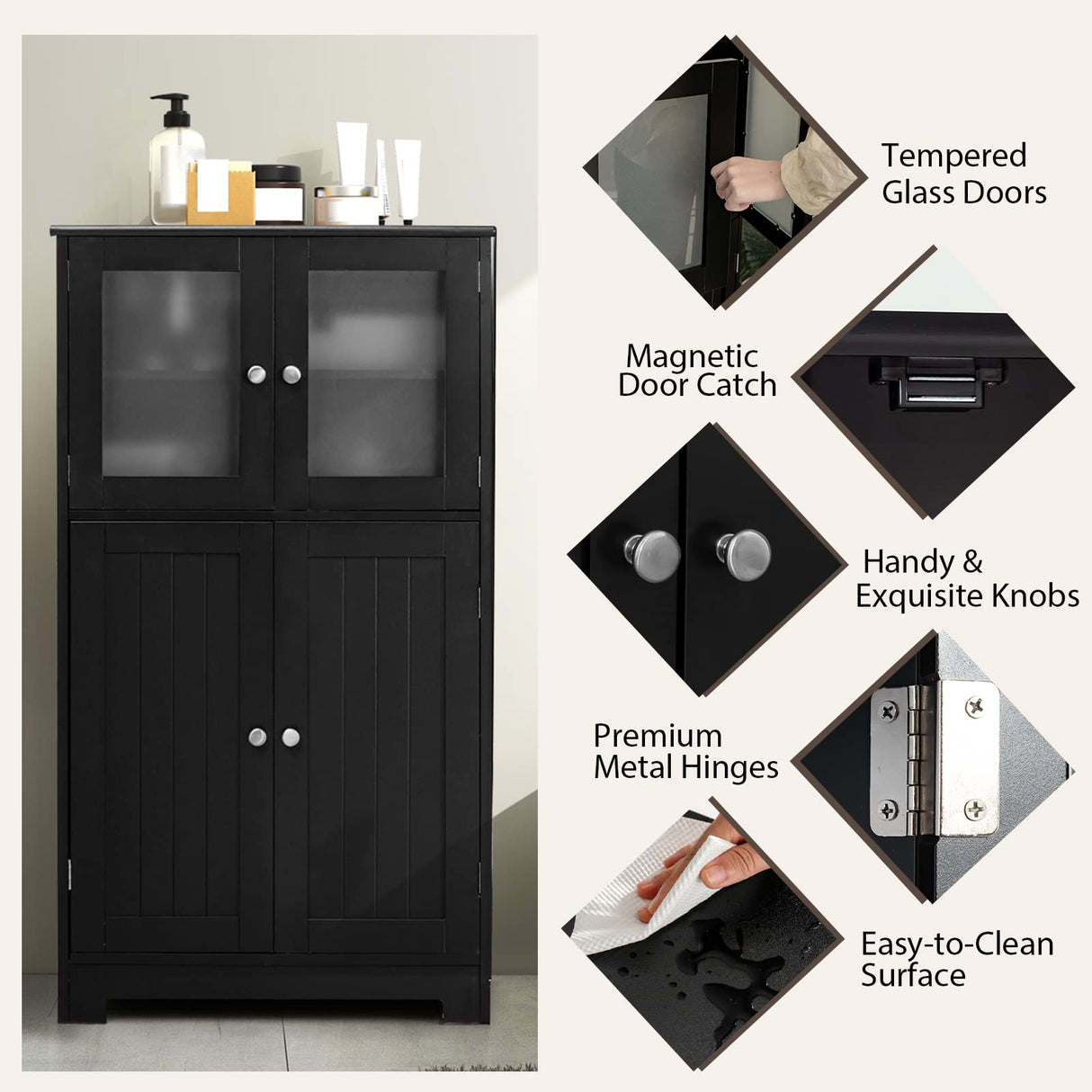 Storage Cabinet with Doors - Bathroom Floor Cabinet, Freestanding Tall Cabinet w/ 2