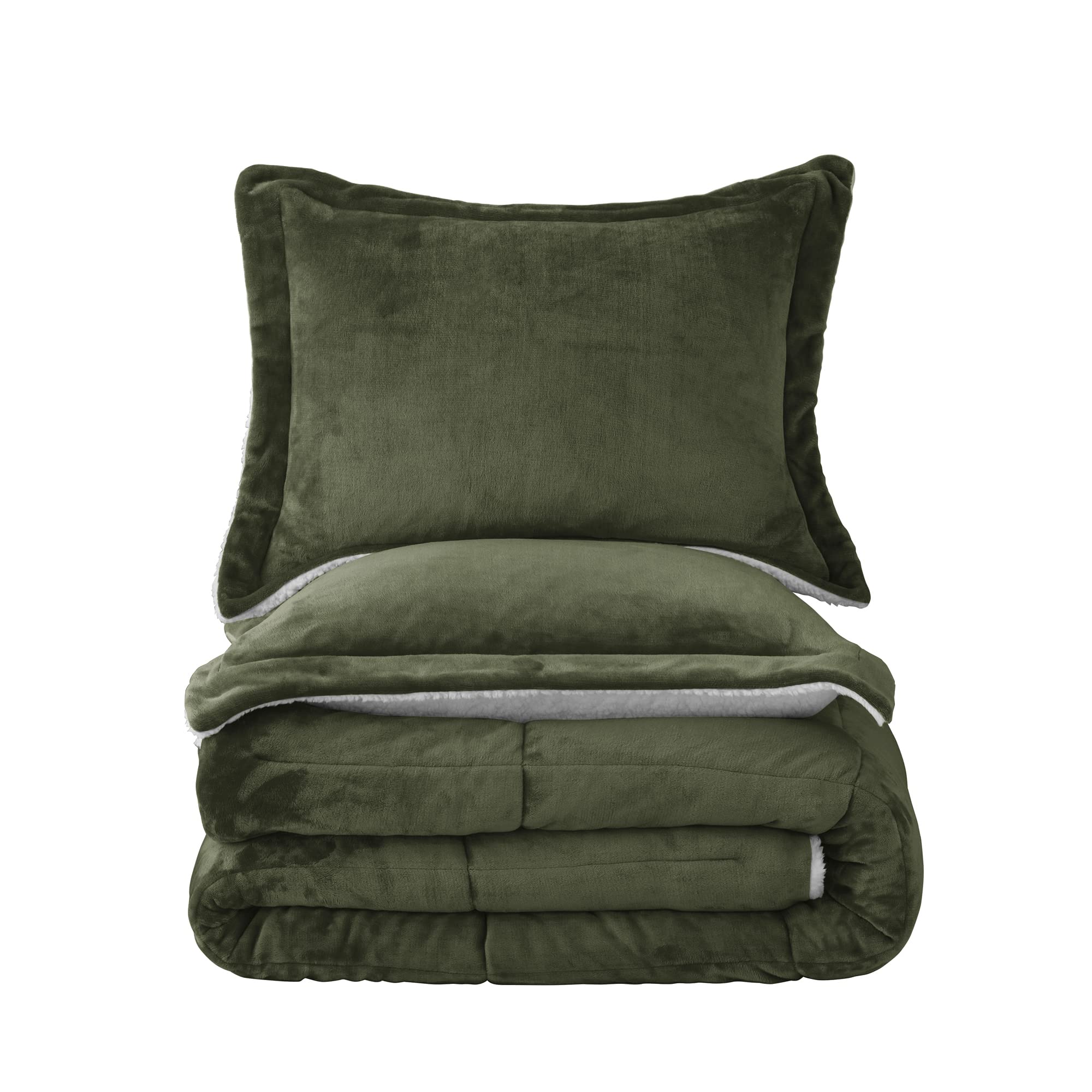 Olive Green Sherpa Comforter Set Full Queen Size, Soft All Season Down Alternative