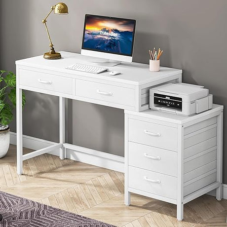 Computer Desk with 5 Drawers, Home Office Desks with Reversible Drawer Cabinet Printer