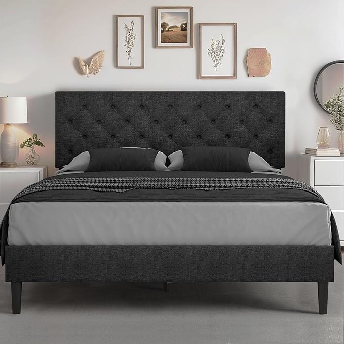 King Size Bed Frame and Headboard, Upholstered Bed Frame King Linen Fabric