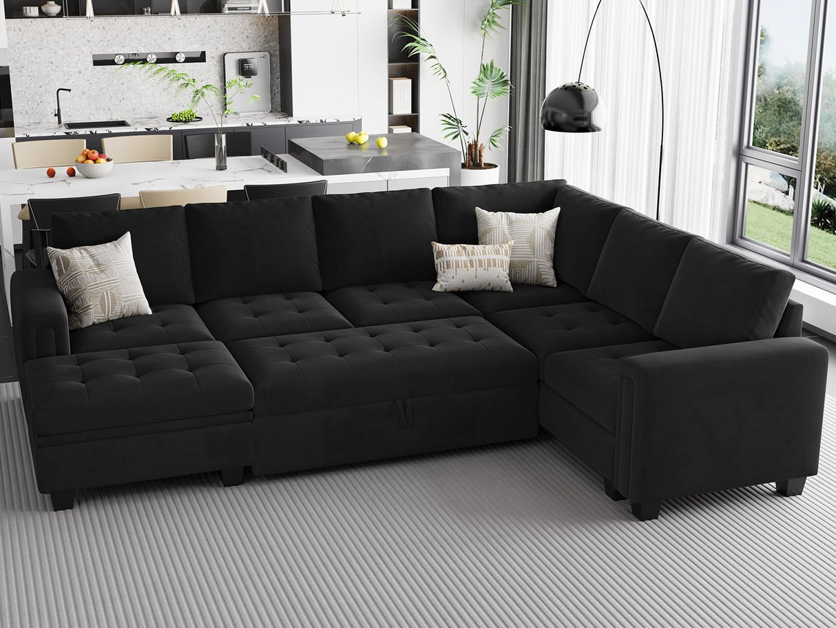 Belffin Modular Sectional Sleeper Sofa with Pull Out Bed U Shaped Sectional Sofa Couch with Storage Ottoman Velvet Covertible 7-Seater Sofa for Living Room Black