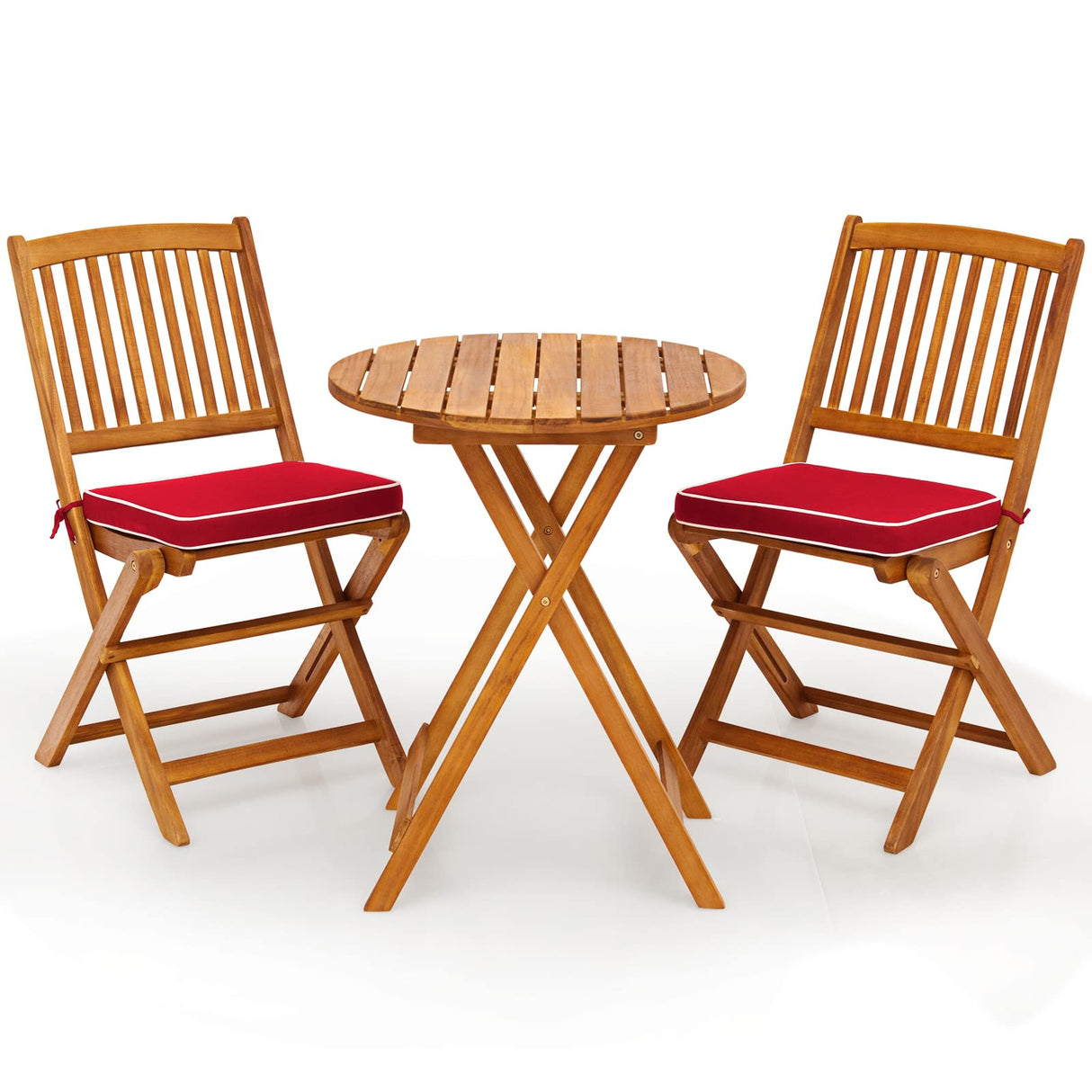 3Pcs Patio Bistro Set, Wood Folding Table Set, 2 Cushioned Chairs for Garden Yard