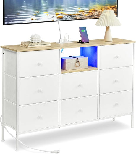 Dresser with Power Outlets and LED Lights, Fabric Chest of Drawers,