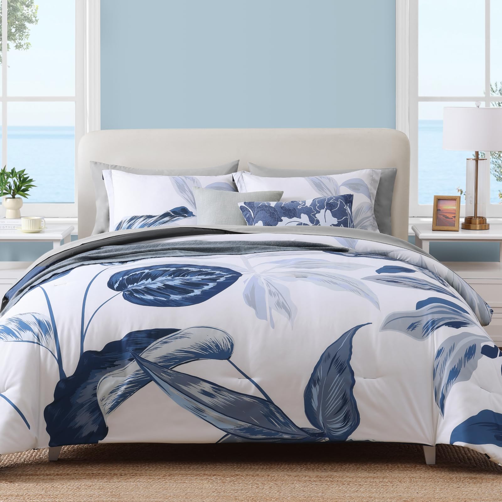 Queen Comforter Set - 7 Piece Blue Tropical Leaves Bedding Collection