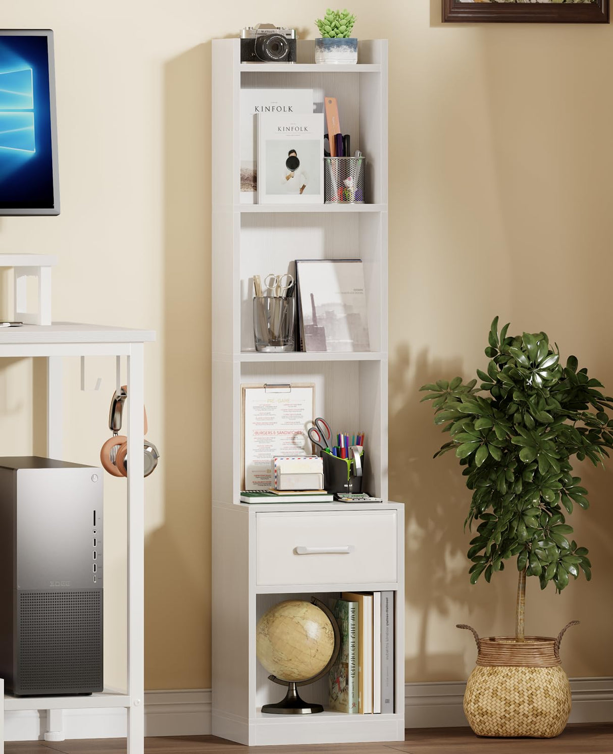 6 Tier Bookshelf with Drawer, White 53" Tall Narrow Bookcase, Corner Open Cube Shelves