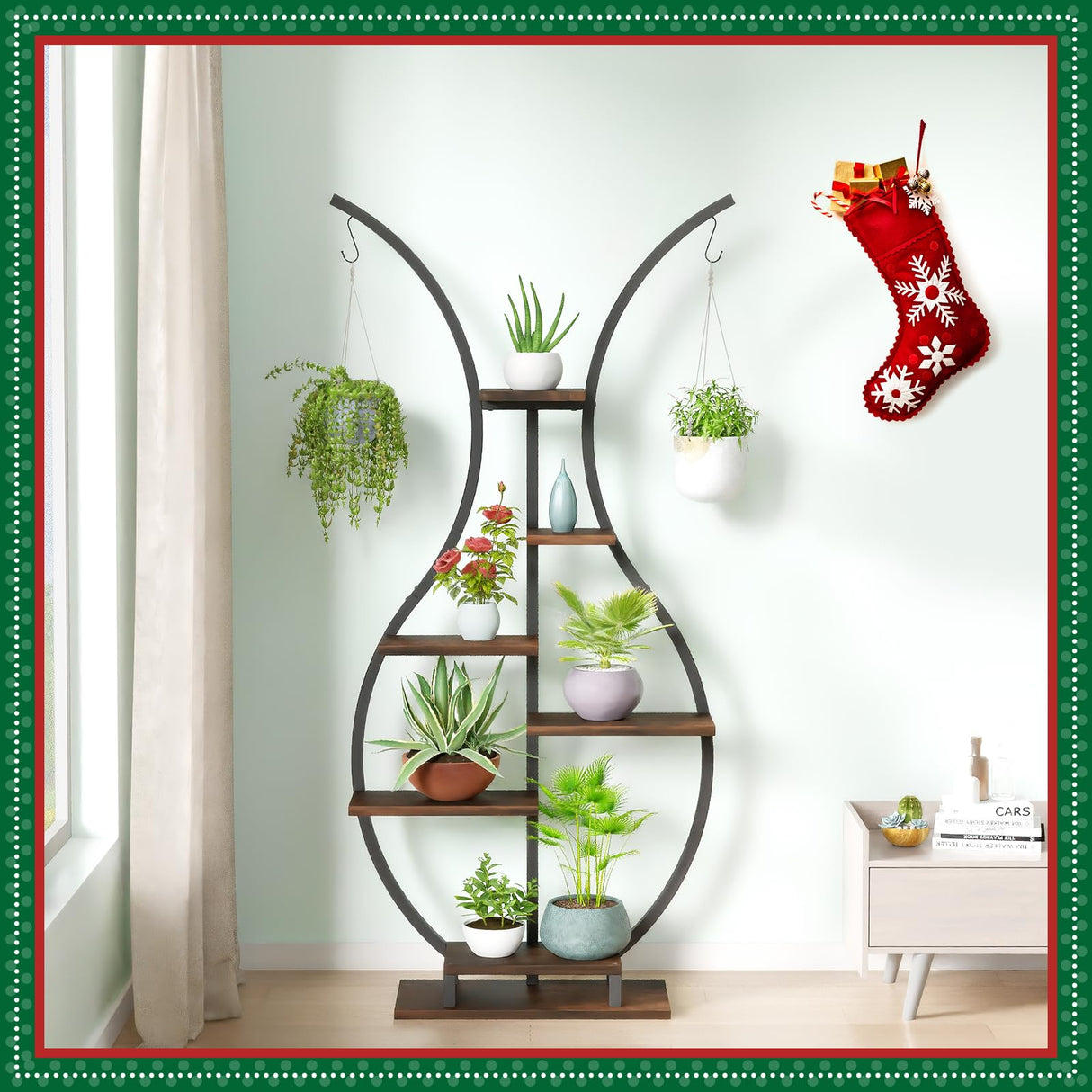 6 Tier Tall Plant Stand Indoor, Vase-Shape Metal Plant Shelf with Hanging Hook