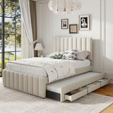 Upholstered Platform Bed with Twin Size Trundle and 3 Drawers, Linen Fabric, Beige