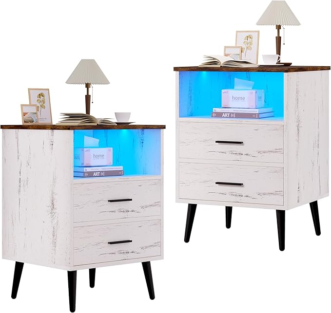 LED Night Stand with Charging Station, 3 Colors Dimmable Lights, Bedroom Modern