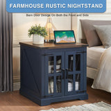 Barnyatoh 24" Large End Table, Farmhouse Night Stand with Charging Station, Glass Barn Door and Adjustable Storage Shelf, Rustic Wood Square Side Table for Living Room, Bedroom, Office, Blue