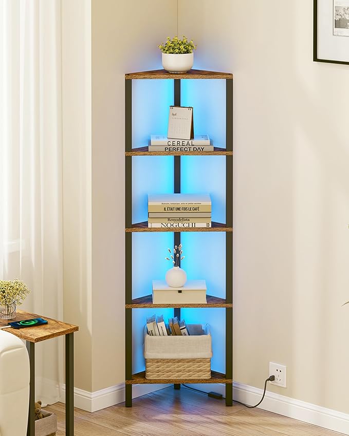 Corner Shelf with LED Light, 6-Tier Corner Bookshelf for Small Space, Narrow Display C