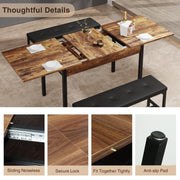 Halitaa 3-Piece Dining Table Set for 4-8, Kitchen Table Set with Metal Frame & Wooden Board，63" Extendable Dining Room Table Set with Drawer and 2 Upholstered Benches (Rustic Brown)