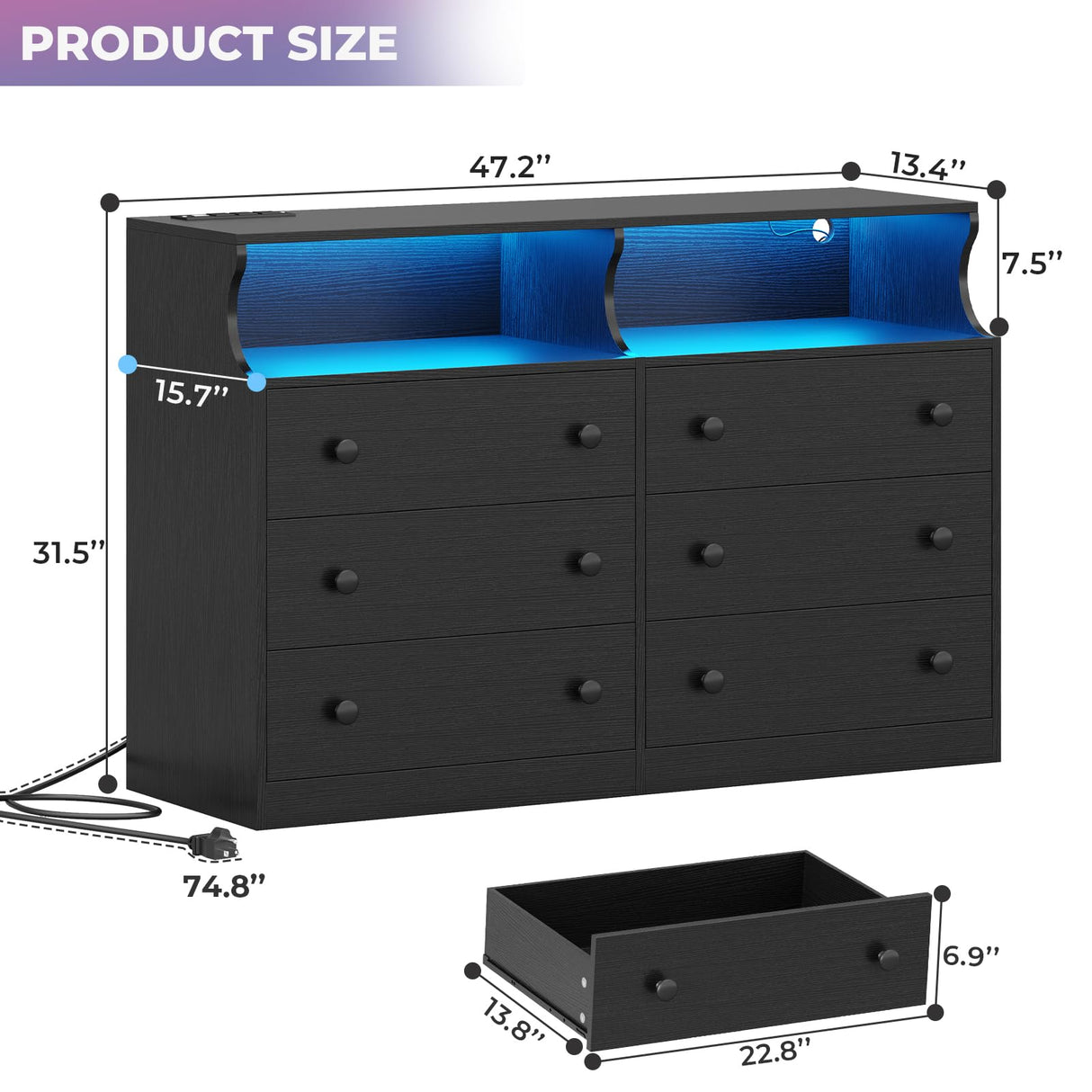 LED Dresser for Bedroom, 6 Drawer Double Dresser with Charging Station