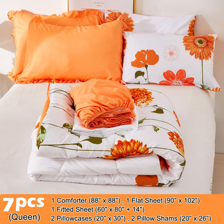 Queen Comforter Set 7 Pieces Reversible Queen Size Comforters for All Season Orange